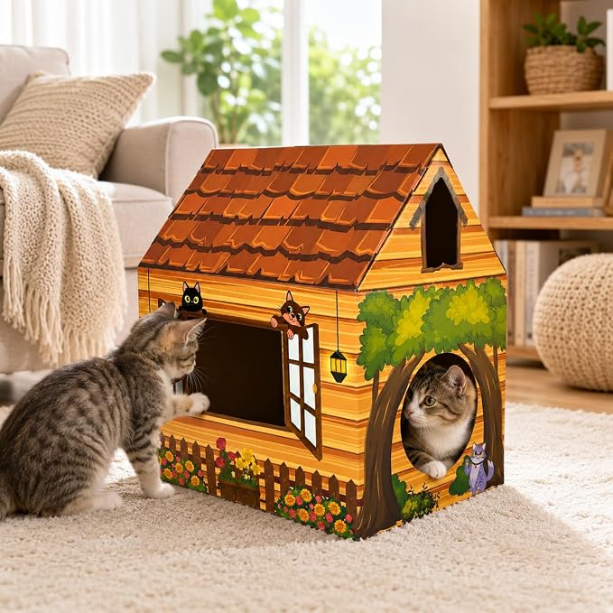 Cinrobiye Cardboard Cat House with Scratcher, Indoor Cat Condo Cat Cave Hideout with Scratch Pad, Cardboard Cat Playhouse Bed for Cats, Kittens, Rabbits & Small Pets (Brown2)