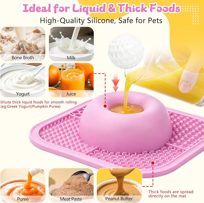 Slow Feeder Dog Bowls & Lick Mat for Liquid and Thick Treat, Anti-Slip Dog Lick Bowl with Interactive Rolling Ball, 5/6 Cup Pup Licking Toy for Large Medium Small Dogs and Cats-Large Pink