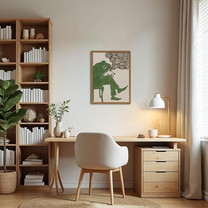 Funny Frog Smoking Wall Art Whimsical Green Frog Wall Decor Painting Cute Animal Bar Cart Poster Canvas Prints for Bedroom Living Room 12x16 inch Wood Framed