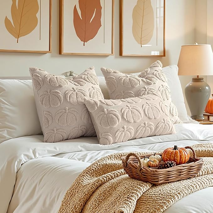 MIULEE Fall Pillow Covers Pumpkin Fall Decor 24x24 Beige | Set of 2 Fall Decorations for Home, Plush Faux Fur Farmhouse Accent Pillowcases, Porch Sofa Couch Cushion Bed Livingroom
