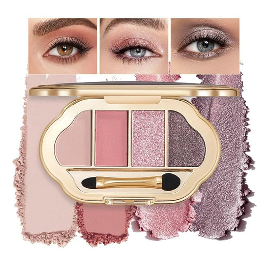 Nude Eyeshadow Palette 4 Colors, smoke pink rose Matte & Shimmer Neutral Shades, Highly Pigmented Blendable Long-Lasting Powder, Smooth No-Fallout Daily Eye Makeup Palette and Natural Looks l-B04