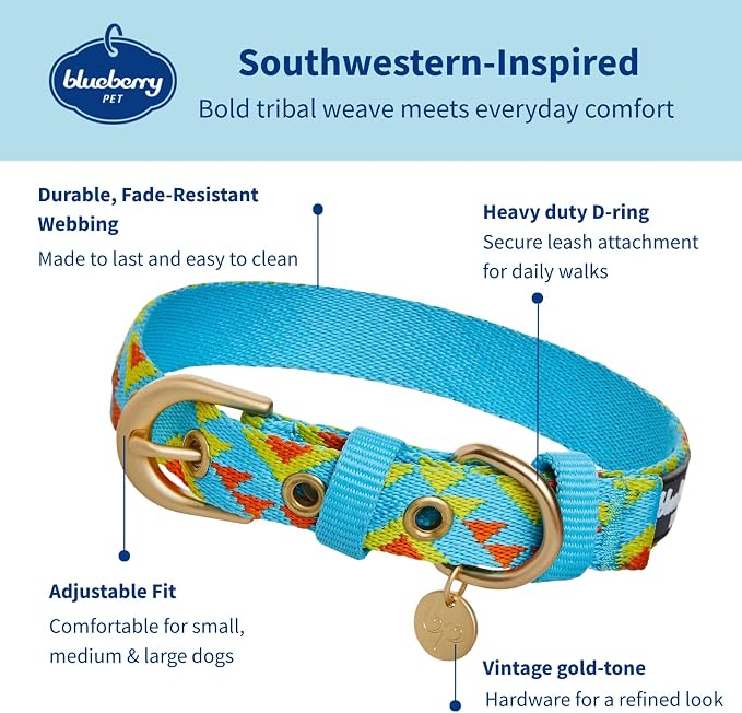 Blueberry Pet Southwestern Tribal Triangles River Blue Adjustable Dog Collar with Metal Buckle, Neck 9-12.5", for Small Breed