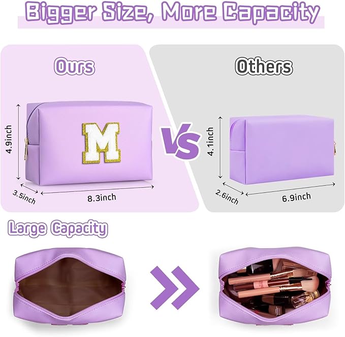 TOPEAST Preppy Stuff for Girls, Initial Makeup Bag Chenille Letter Pouch Cosmetic Bag with Zipper, PU Leather Waterproof Toiletry Bag, Cute Stuff Birthday Gift for Friends Sister (Purple T)