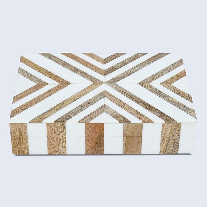 Handicrafts Home White Decorative Storage Box with Lid Wood Remote Control Box Coffee Table Storage Box Remote Holder for Living Room Decor – Resin Inlay Marquet Chevron Collection - 8x5x2