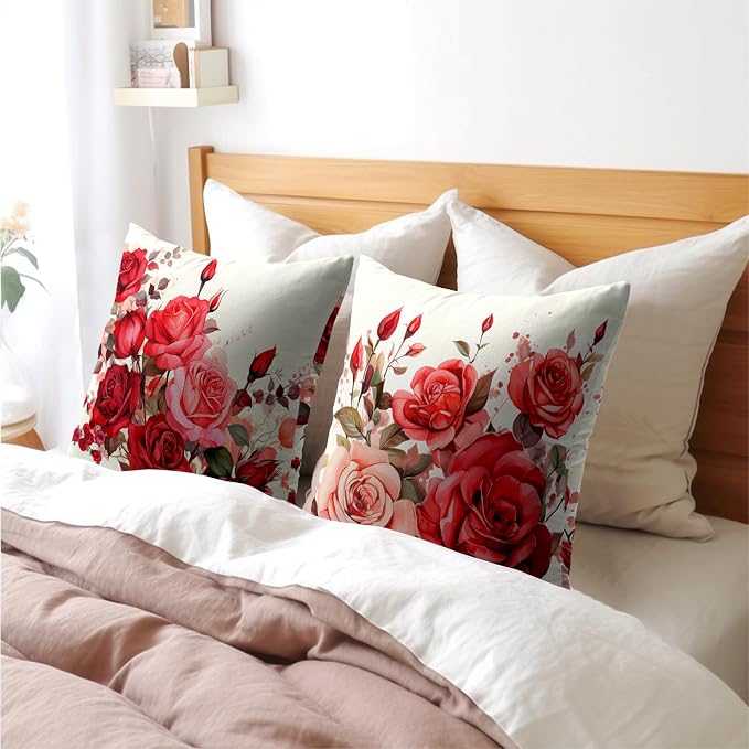 Kawani Watercolor Flower Throw Pillow Covers 16x16 Inch Set of 2 Pink Red Rose Floral Romantic Square Pillowcase Cotton Linen Cushion Case for Couch Sofa Bedroom Living Room Decor