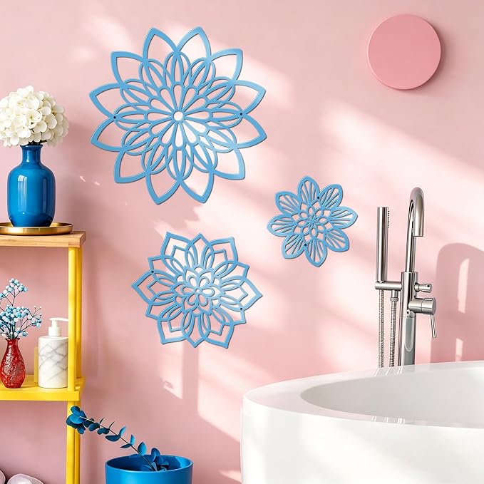Zzbakress 3 Pcs Metal Flowers Wall Art Bathroom Wall Decor (Blue Elegant) | Farmhouse Flower Bathroom Decor Wall Decorations For Bathroom, Living Room, Office, Kitchen, Hallway And Outdoor