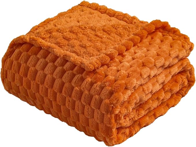 Vessia Flannel Fleece Queen Size Bed Blanket(90x90 inch), 3D Jacquard Burnt Orange Fuzzy and Warm Blanket for Adults, 300GSM Super Soft Touch Cozy Lightweight Home Decor for All-Season