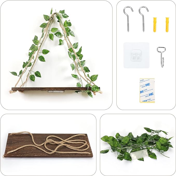 Wall Shelves, Floating Shelves No Drill, Command Shelf, Wall Decor | 2-Pack Hanging Shelves,Renter Friendly Shelves,Trinket Shelf,Room Decor,Comes with Artificial Ivy Vines and LED Strip Lights