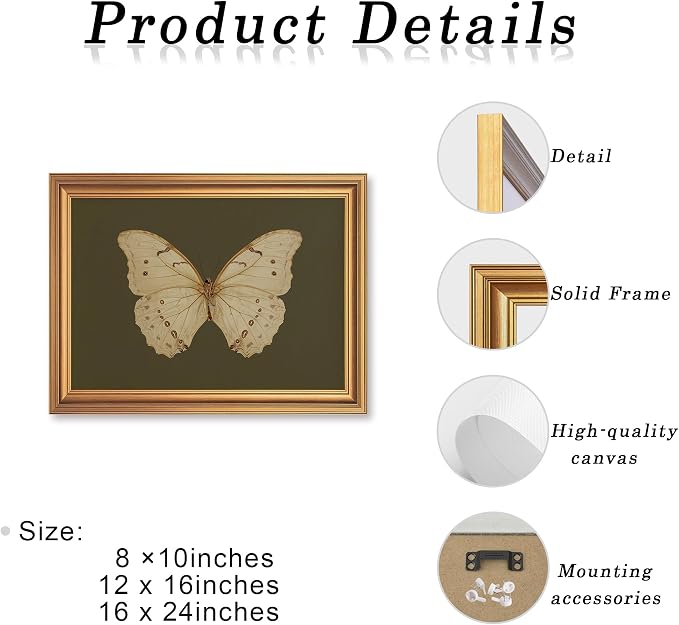JLTULT Gold Framed Butterfly Wall Art, Dark Green Canvas, 8 x 10 Inches | Ivory butterfly art on fade-resistant dark green canvas with a ready-to-hang gold-tone PS frame for bedrooms and offices