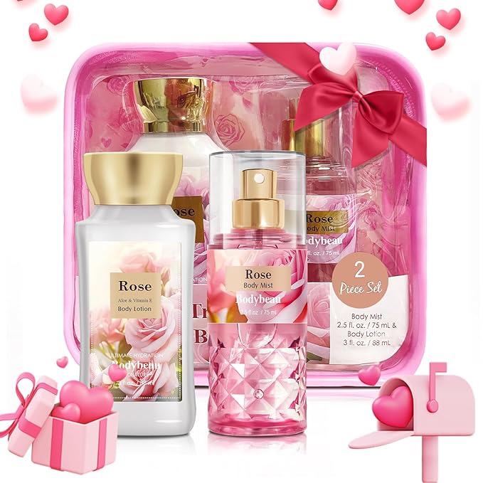 Mother's Day Rose Spa Gift Set - 2PCS Luxury Bath and Body Kit for Women with Body Lotion & Body Mist - Portable Travel Size Self Care Gift for Mom, Wife, or Her