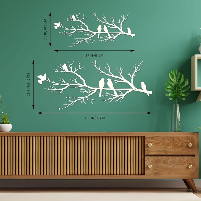 ESTART Metal Birds Wall Art, Metal Vivid Birds on Branch Silhouette Wall Decor White Leaves with Bird Outdoor Hanging Wall Sculpture for Home Living room Bedroom Balcony Garden (White, Large)