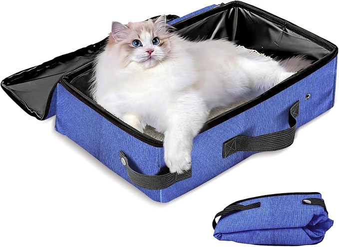 Foldable Cat Litter Box with Lid, Collapsible Travel Litter Box for Cats, 16 * 12 * 6 inches, Lightweight & No Leaking, Easy to take for Long Distabnce Traveling, Cat Essentials for Camping - Blue