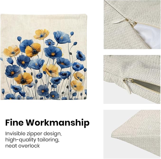 Spring Floral Pillow Covers 18x18 Set of 2 Blue Yellow Flower Decorative Throw Pillow Covers Decoration Summer Seasonal Pillowcase Farmhouse Decorative Cushion Cover For Home Sofa Outdoor Decor