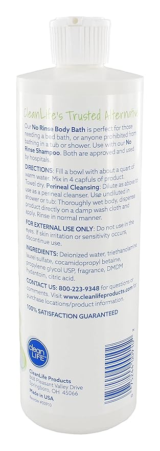 No-Rinse CleanLife Products Body Bath, 16 fl oz (Pack of 3, Makes 48 Complete Baths) – Gentle, Concentrated Liquid Body Wash Made in USA – Ideal for Post-Surgery, Elderly Care, Camping, and Travel