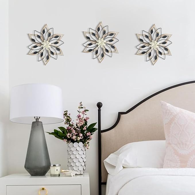Remenna Whitewash Flowers Wood Wall Decor, Metal Rustic Wall Art Farmhouse Wall Decorations Multiple Floral Hanging Decor for Bathroom Living Room Home Office Garden Kitchen