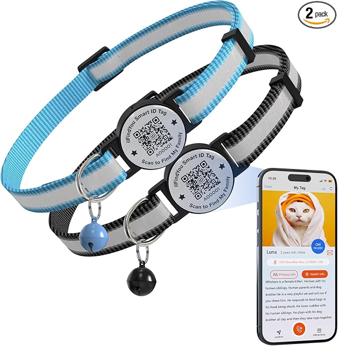 Breakaway Cat Collar QR Code, Reflective Bell, Adjustable Kitten Black/Blue