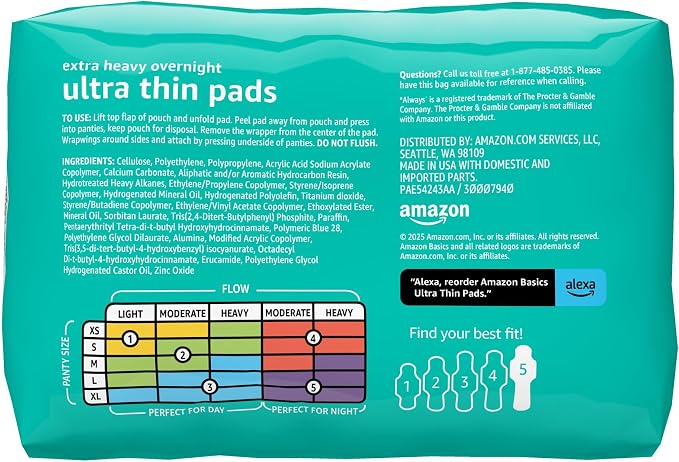 Amazon Basics Ultra Thin Pads with Flexi-Wings for Periods, Extra Heavy Overnight Absorbency, Unscented, Size 5, 24 Count, 1 Pack (Previously Solimo)