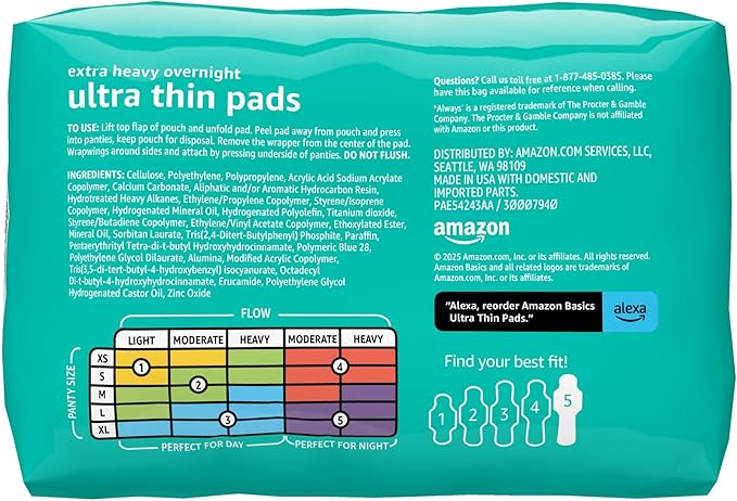 Amazon Basics Extra Heavy Overnight Feminine Pads for Women, Ultra Thin with Flexi-Wings, Unscented, Size 5, 96 Count (4 Packs of 24)