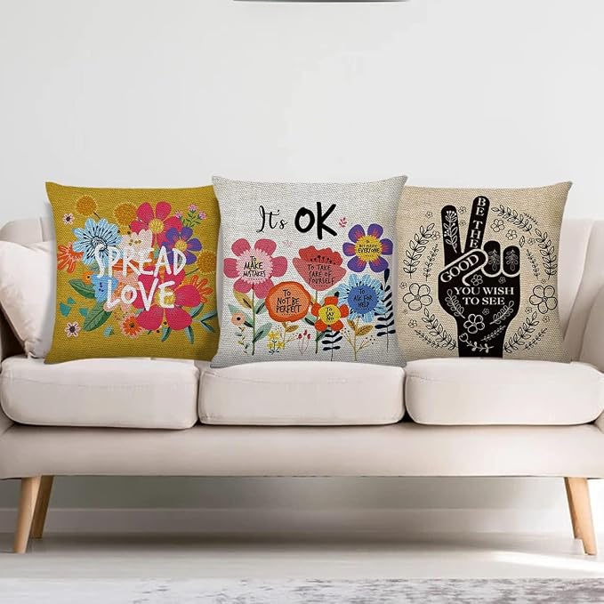 Littlefa It's OK Inspiring Flower Throw Pillow Cover Decorative Pillowcase | Motivational Cute Decorative Pillow Cover for Girls Kids,Mental Health Inspirational Saying Pillow Cover for Conseling Office