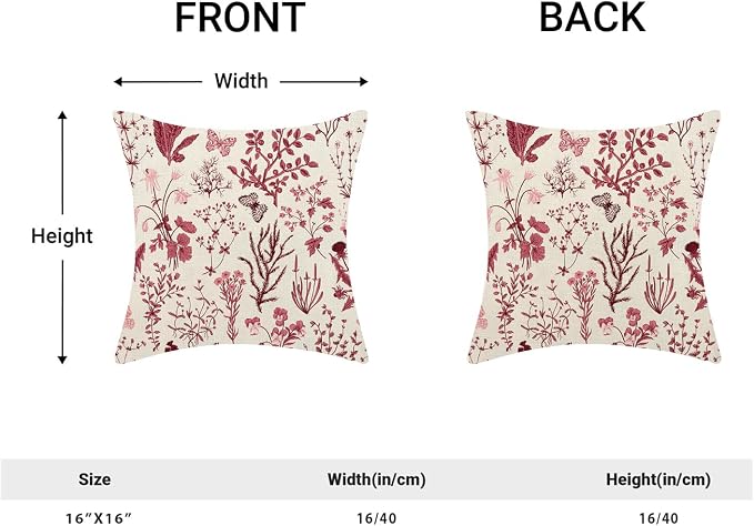 Christmas Pillow Covers 16x16 Inch Set of 2,Burgundy Red Wild Flower Plant Throw Pillows Case,Seasonal Floral Outdoor Decorative Square Linen Farmhouse Decor Cushion Covers for Home Sofa bed Couch