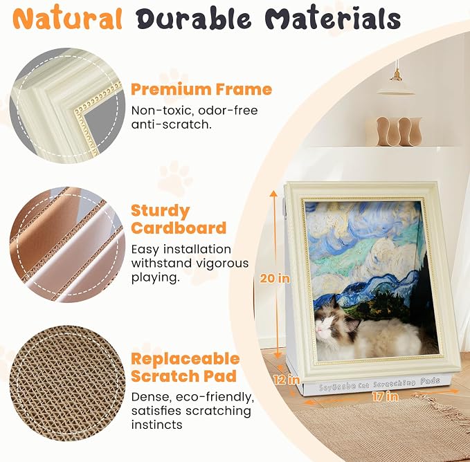 Mona Lisa Cat Bed Painting Cat Scratcher for Indoor Cat Scratching Board Pad, W/Horizontal CartBoard Cat Scratcher Bed House Half-Surround Design W/Catnip (Field with Cypresses, Frame Pre-Taped)