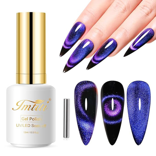 Imtiti 9D Cat Eye Gel Nail Polish, 15ML Blue Chameleon Holographic Glitter Cat Eye Gel Polish with Magnet UV LED Magnetic Nail Polish Sparkly Home DIY Manicure Nail Salon Kit