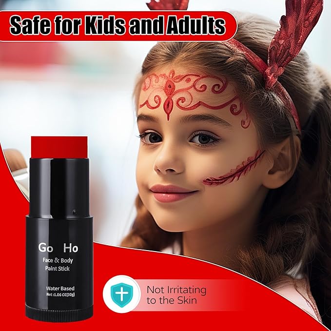 Go Ho Red Face Paint Stick,Easily Washable Formula Body Paint,Non-toxic Full-coverage Cream Red Face Body Paint for Halloween Costumes Cosplay SFX Devil Clown Makeup