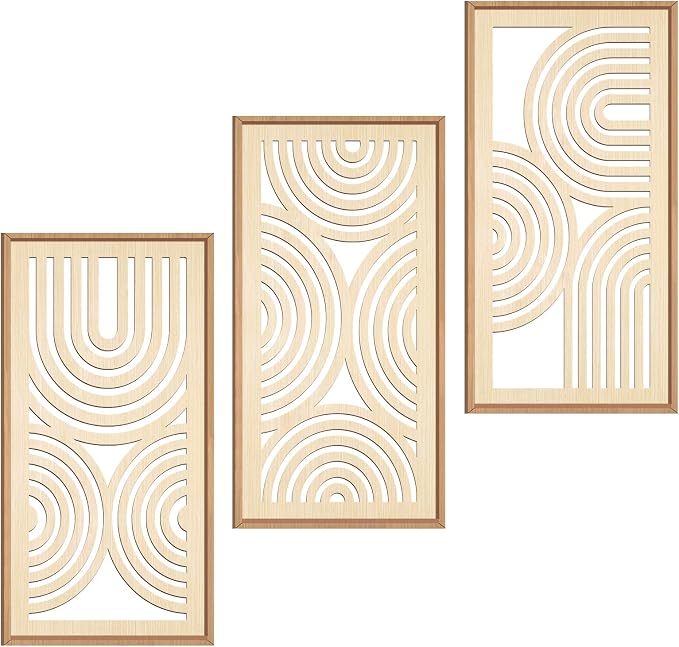 IARTTOP Boho Wooden Framed Wall Art Set of 3 Mid-Century Modern Wood Wall Decor Minimalist Natural Bohemian Home Decor for Living Room Dining Room Office