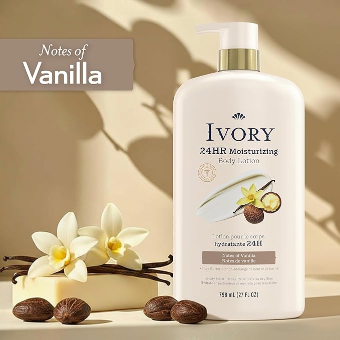 Ivory Hand & Body Lotion + Body Wash Bundle, Vanilla Scent, 24hr Moisturizing & Nourishing Hydration, Repairs and Soothes Extra Dry & Itchy Skin, Made with Shea Butter Blend, 27 fl oz (Pack of 2)