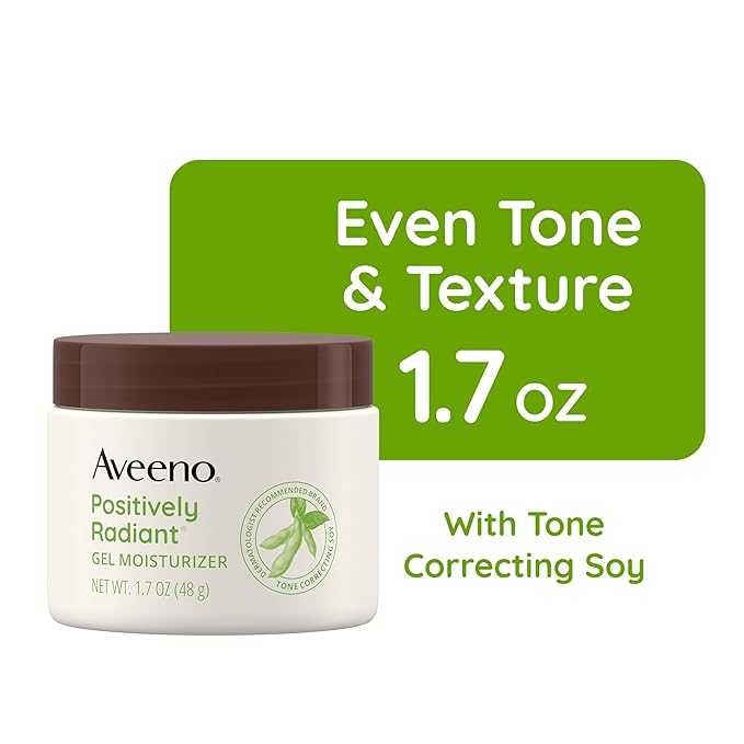 Aveeno Positively Radiant Brightening Gel Facial Moisturizer with Hyaluronic Acid & Tone-Correcting Soy, Hydrates for 48 Hours to Even Skin Tone & Texture, 1.7 oz