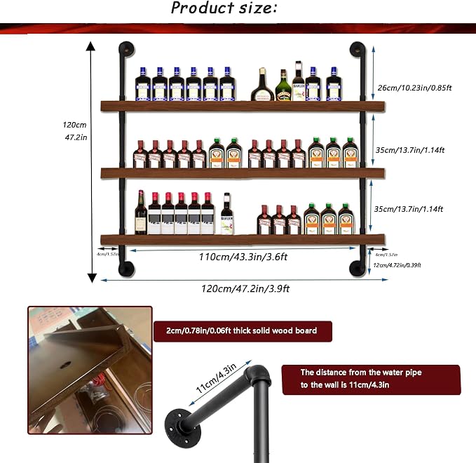47.2in Wall Mounted Wine Rack with LED Light Solid Wood | 3-Tiers Liquor Bottles Floating Shelves Display Storage Organizer for Home Bar & Dining Room
