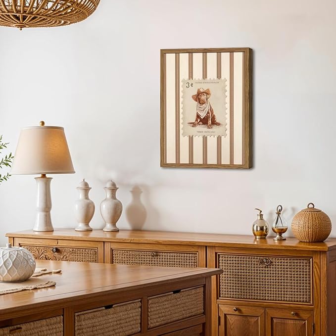 Western Cowboy Dog Wall Art, Vintage Striped Animal Southwestern Wall Decor Pictures Retro Southwest Cowboy Poster Painting Canvas Print for Living Room Bedroom 12x16 Inch Wood Framed