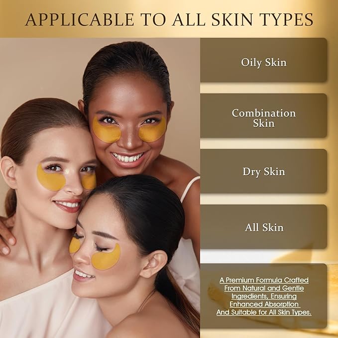 Under Eye Patches Masks - 24K Gold Eye Patch for Dark Circles & Puffy Eyesg,Fine Lines,Eye Bags, Wrinkle,Collagen Infused with Hyaluronic Acid, Hydration for Women and Men, (60 Pcs) Gold