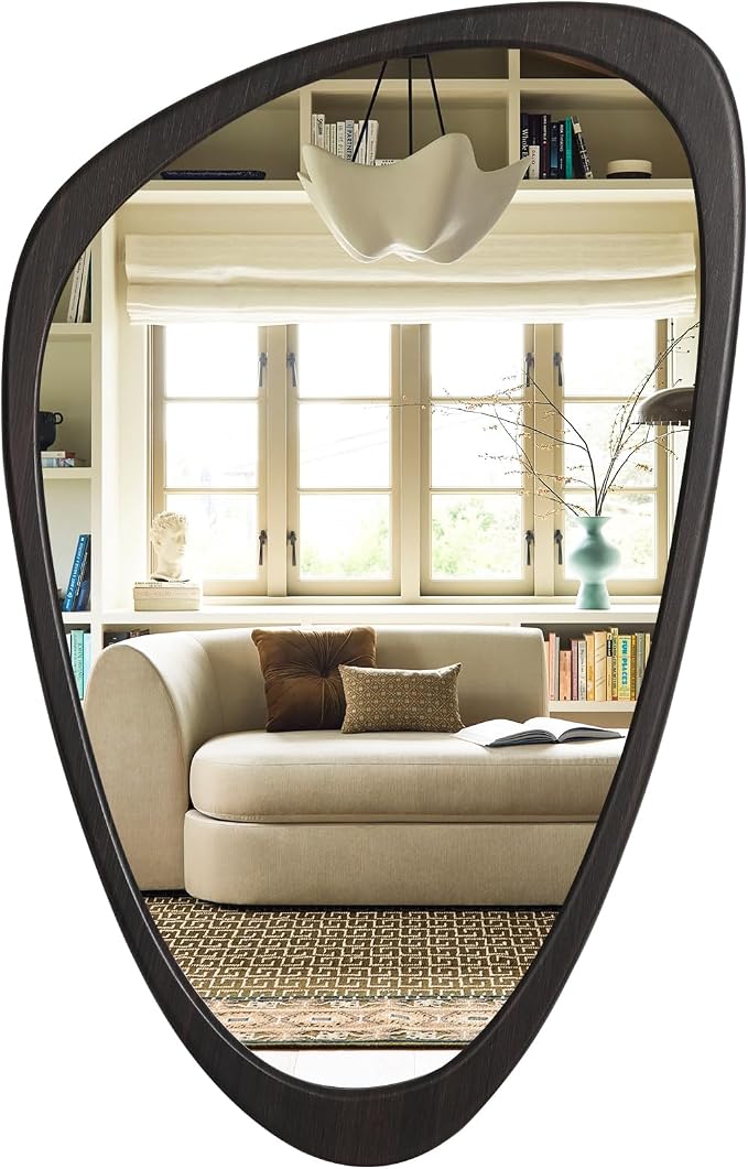 Asymmetrical Mirror, Irregular Wall Mirror, Wall Mirrors Decorative for Bedroom Living Room Entryway Hall, Wood Mirror for mid Century Modern Decor 30" H x 19" W, Dark Brown