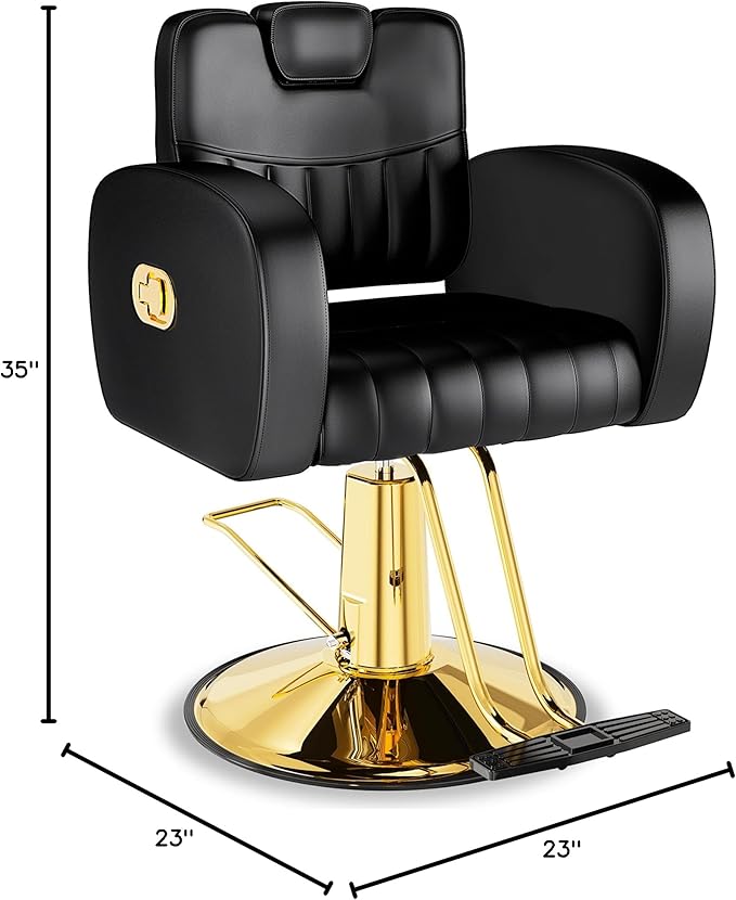 Baasha Black & Gold Reclining Salon Chair - All Purpose Hydraulic Barber Chair with Removable Headrest - Comfortable Styling Chair for Makeup, Lash, Tattoo, Braiding & Shaving, 440 lbs Cap.