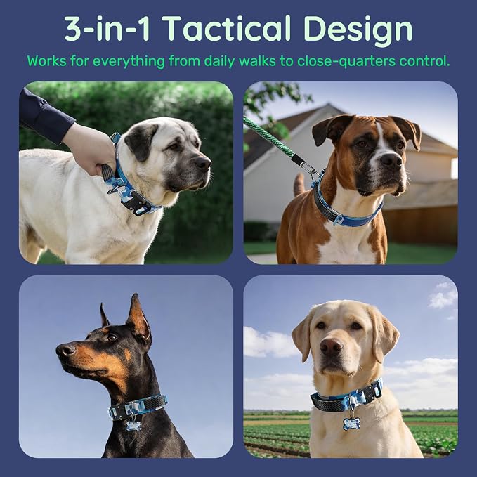 Premium Tactical Dog Collar - Adjustable Military Heavy Duty Dog Collar for Medium Large Dogs - Durable Metal Buckle Dog Collar with Leather Control Handle and Soft Comfortable Padding