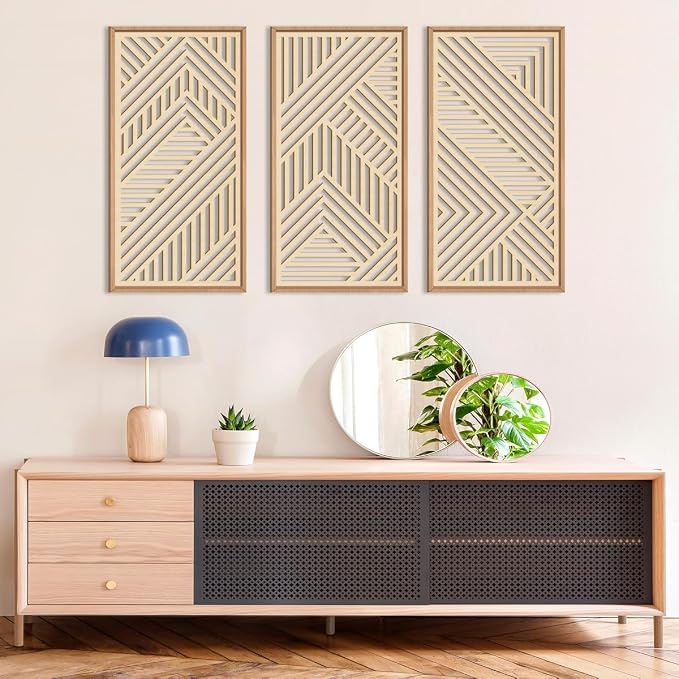 IARTTOP Large Boho Wooden Wall Art 16x32 Inch Framed Mid Century Modern Wood Wall Decor Minimalist Modern Bohemian Decor for Dining Room Living Room Bedroom Set of 3