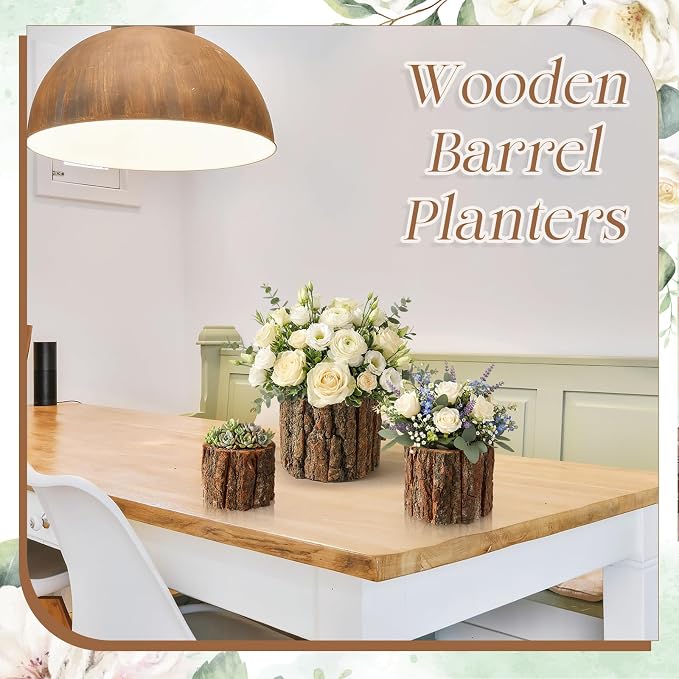 6 Pcs Wooden Vase for Centerpieces Wedding Flower Table Centerpieces Woodland Party Decor Rustic Farmhouse Bark Stump Buckets Vintage Planter Pots for Garden Baby Shower Window Home (L+m+s)