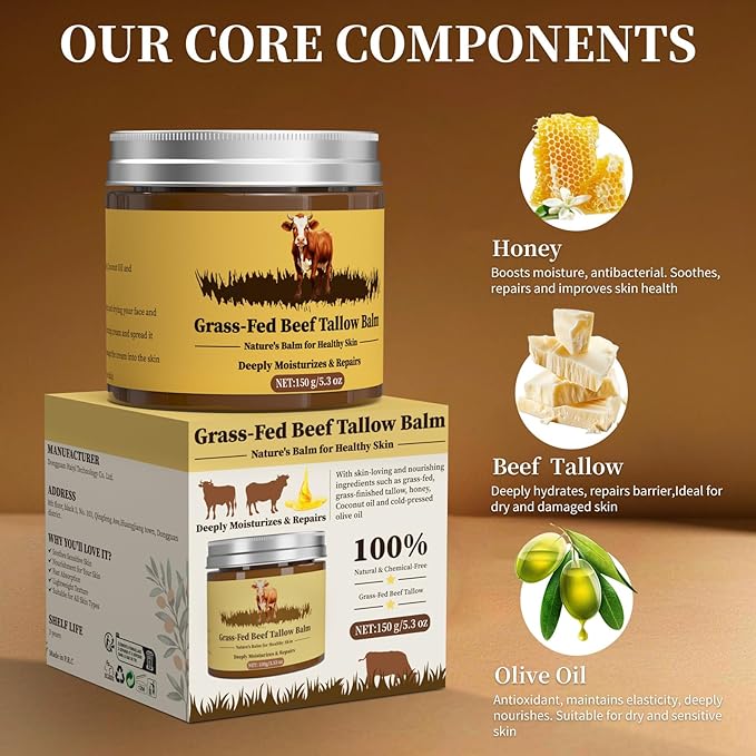 Oebitor Beef Tallow for Skin, Tallow and Honey Balm, Facial Moisturizer Cream, 100% Organic Grass Fed Whipped Beef Tallow Balm Deeply Moisturizing for Face & Body, Suitable For All Skin Types(5.3oz)