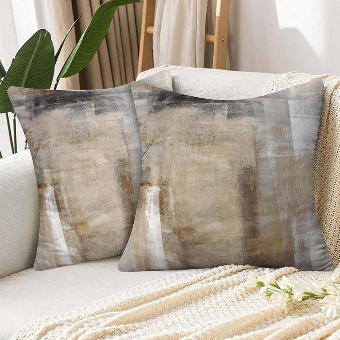 Beige Abstract Art Artwork Pillow Cover, Gallery Modern Decorative Throw Pillows Cushion Cover for Bedroom Sofa Living Room 20 x 20 Inch Set of 2