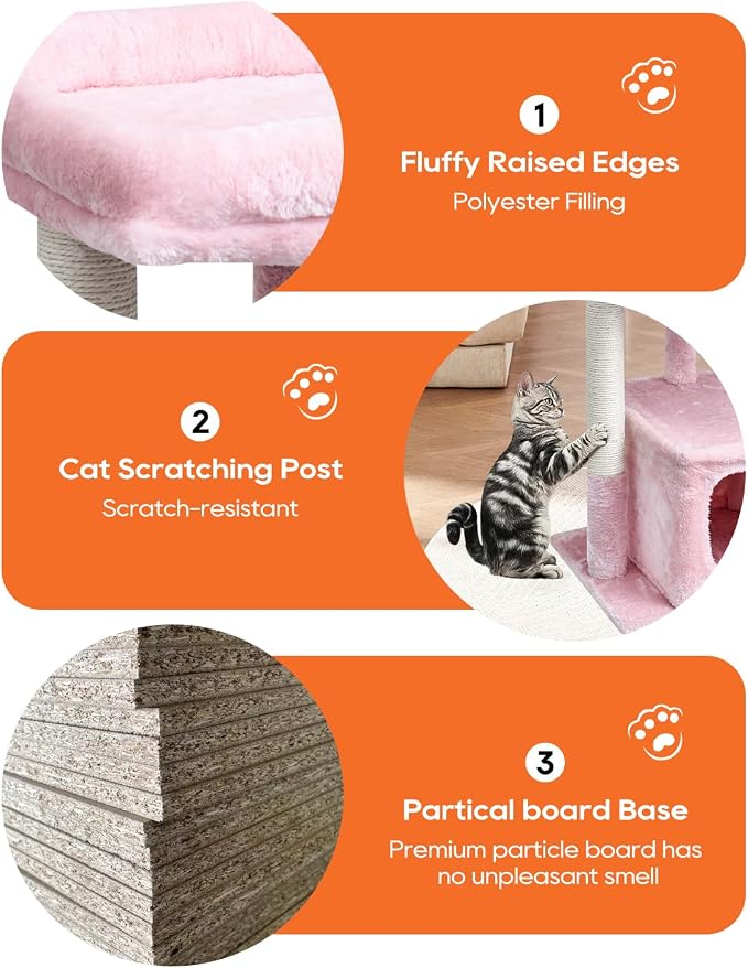 SYANDLVY Pink Cat Tree for Indoor Cats Large Adult, 27" Activity Tower | Scratching Posts, Modern House with Padded Perch, Kittens Condo, Cat Cave, Pink