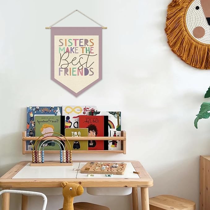 Girls Room Wall Art Decor,Toddler Girl Room Cute Purple Nursery Bedroom Playroom Canvas Banner Decorations,Sisters Make The Best Friends Wall Hanging Pennant Flag for Little Girls Princess