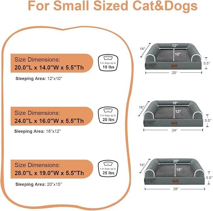 Orthopedic Dog Bed for Medium Dogs, 28 x 19 Inch, Dark Grey | Egg crate foam for joint support, 3-sided bolster pet sofa, waterproof lining, washable cover, and non-skid base
