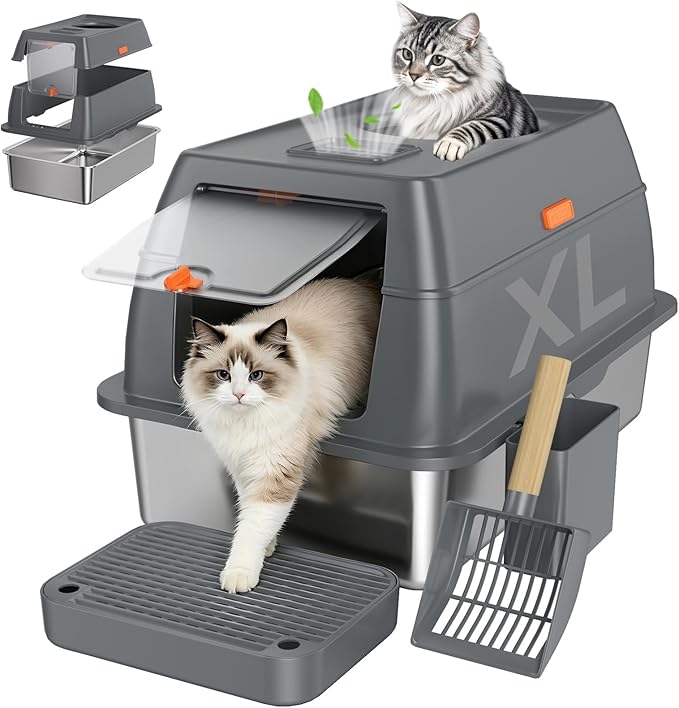 XL Enclosed Stainless Steel Litter Box with Lid, Dark Gray | covered, High Sided, Rustproof & Leak Proof, Easy Clean, Odor Control, Includes Scoop & Step