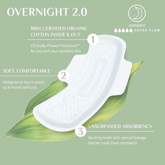 Organyc New and Improved 100% Certified Organic Cotton Inside and Out Overnight Feminine Pads, Heaviest Flow, Super Absorbency 2.0, 7 Count