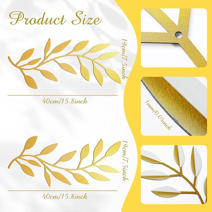 Zhengmy 2 Pcs Metal Leaf Wall Art Vine Branch Decor,Gold | Olive Branch Metal Decor for Living Room Hallway, Symmetrical Leaf Pair for Doorway Entryway, Lightweight Hanging Art Design
