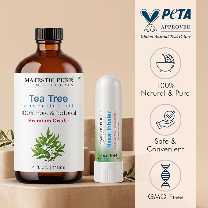 Majestic Pure Tea Tree Essential Oil, 4 Fl Oz | With Nasal Inhaler