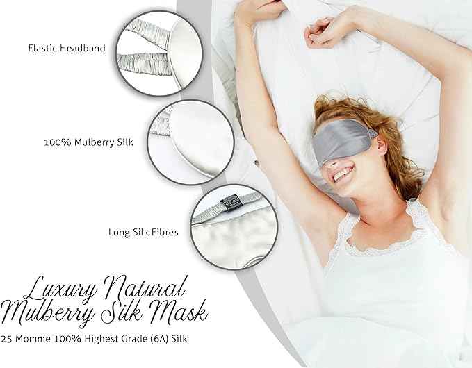 Fusion5 Silk Eye Mask with Elastic Band - 100% Pure Mulberry Sleep Mask - 25 Momme, Anti-Aging, Hypoallergenic, Blocks Light - Soft & Smooth Night Eye Cover for Sleeping & Travel with Box