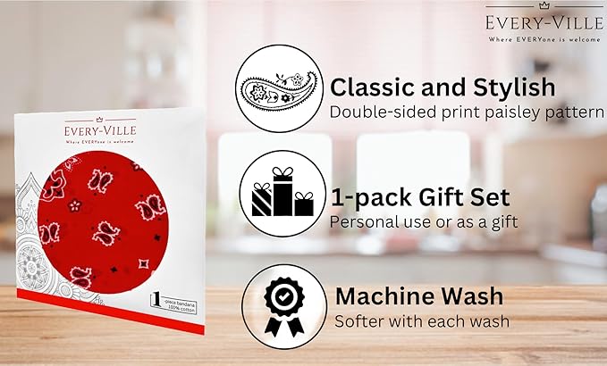 Gift Packaging Bandana for Men Women - 100% Cotton, Paisley, 22x22 In, 1 Pack - Large Bandanna Handkerchief Cowboy Hanky