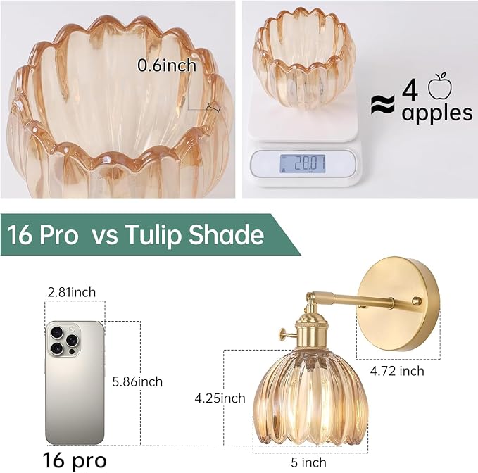 Shenmoyl Vintage Wall Sconces Set of 2 with Amber Tulip Glass Lampshade 180 Degree Adjustable Brass Sconces Hradwired Modern Wall Lighting Fixture with Switch for Bedside Bedroom Doorway